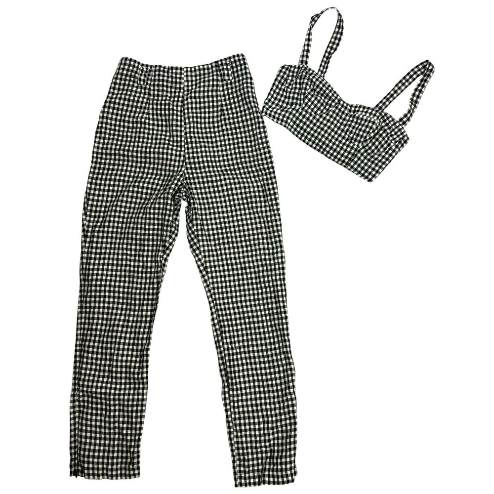 Reformation Saldana Two Piece Set Size 2 Linen Black White Gingham Crop Top Pant - Picture 2 of 16